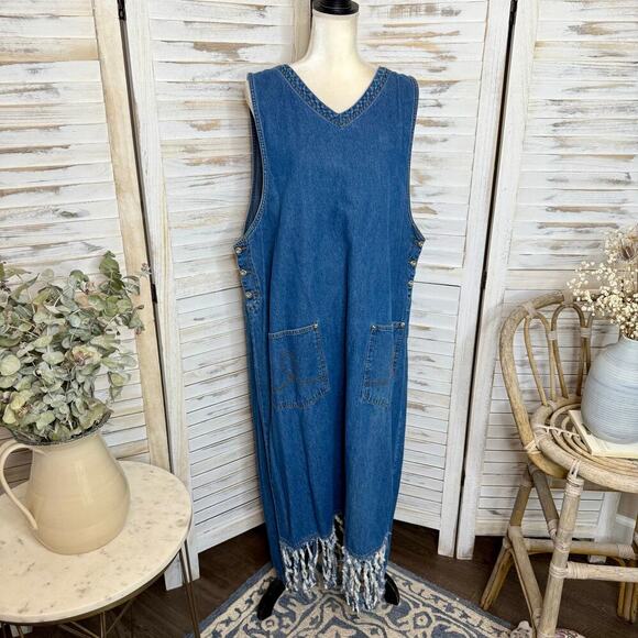 VINTAGE EXPRESSIONS Women's PLUS 1X Y2K Denim Sleeveless Maxi Jean Dress Pockets - Picture 3 of 14